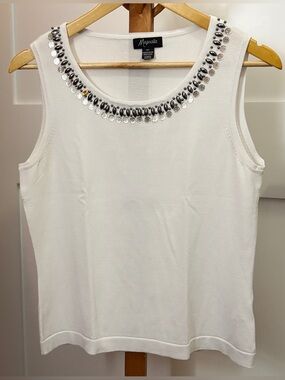 Magnolia Embellished Beaded Neck Knit Tank Top Cream White Size G/L